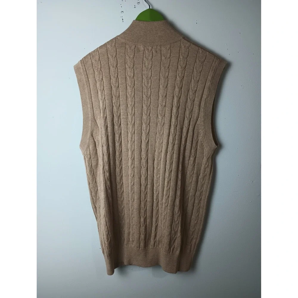 Paul Fredrick Mens Tan Cable Knit Full Zip Cotton Sweater Vest Medium Mock Neck